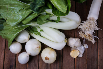 pok choy leeks, onion, broccoli and garllic