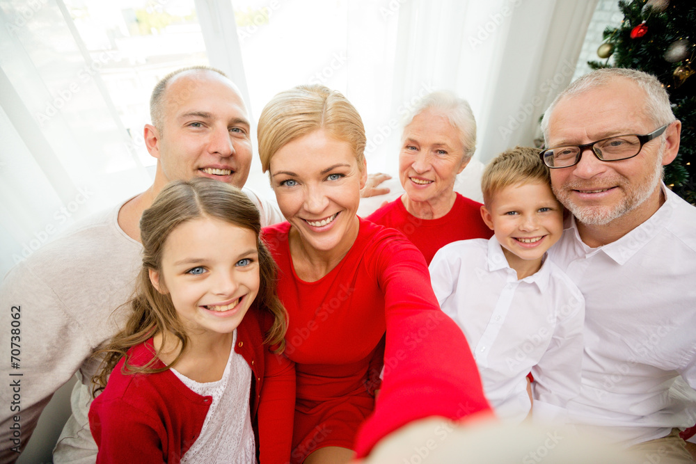 Poster smiling family making selfie at home