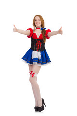 Fototapeta premium Woman waiter with movie board isolated on white