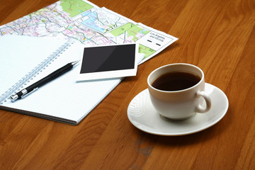 Obraz na płótnie Canvas Photo and cup of coffee, paper