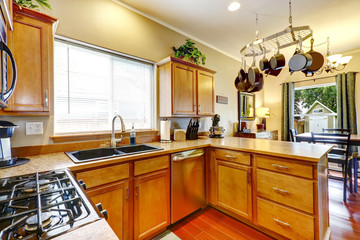 Kitchen room wtih hanging pot rack