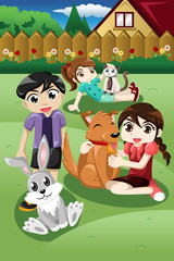 Obraz na płótnie Canvas Kids playing with their pets