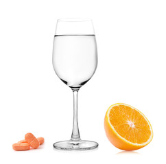 vitamin c water and orange isolated on white background