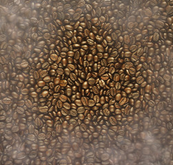 Roasted coffee beans and smoke for background, bright color brow