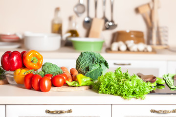 healthy foods are on the table in home kitchen