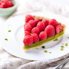 Fresh raspberry and pistachio cream tart