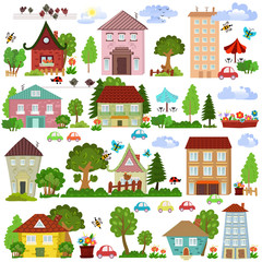 Collection a cartoon houses and trees for you design