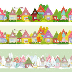 seamless border with cartoon houses and trees for you design