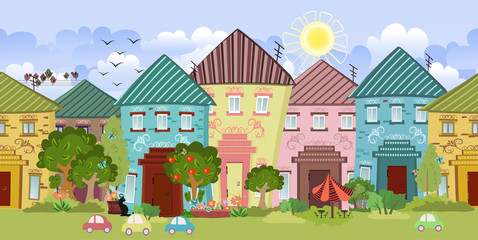 seamless border with cute houses and trees for you design