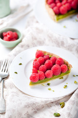 Fresh raspberry and pistachio cream tart