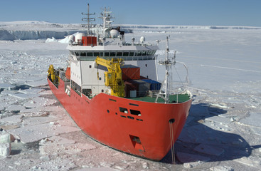 Icebreaker ship in the sea of Antarctic
