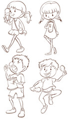 Simple sketches of kids taking their snacks