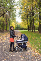 Young smiling mum walks with pram in the aurumn yellow park