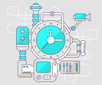 Vector industrial illustration of the mechanism of clock. Color