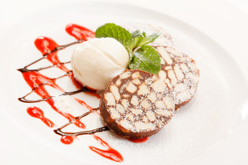 chocolate dessert with ice cream