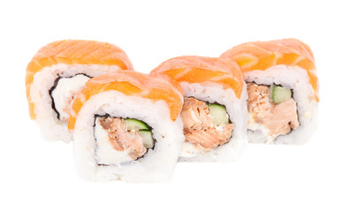Traditional fresh japanese sushi rolls on a white background