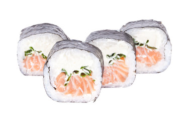 Traditional fresh japanese sushi rolls on a white background