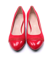 Womens red shoes on a white background - obrazy, fototapety, plakaty