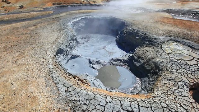 Boiling mud fumarole and dry earth on Iceland