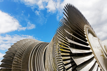 Steam turbine of nuclear power plant against  sky