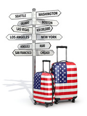 Travel concept. Suitcases and signpost what to visit in USA.
