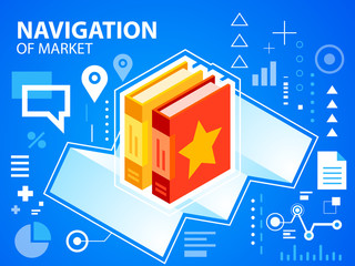 Vector bright illustration navigate map and books on blue backgr