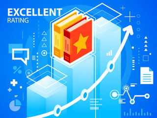 Vector bright illustration excellent rating and books on blue ba