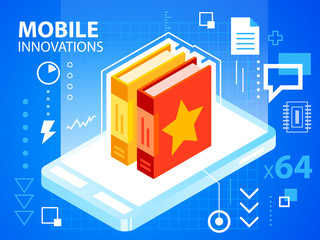 Vector bright illustration mobile phone and books on blue backgr