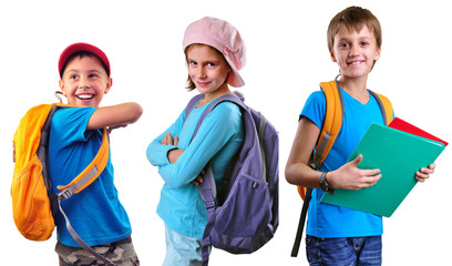 schoolchildren of grade school with backpack and books