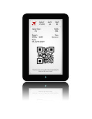 tablet with mobile boarding pass isolated over white