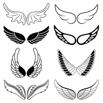 Set of eight black and white silhouettes of wings