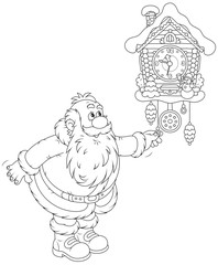 Santa Claus winds a cuckoo-clock
