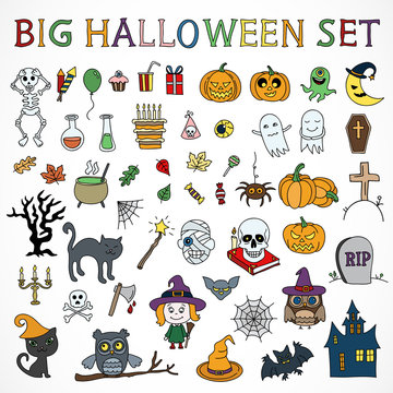 Hand drawn happy halloween icons and objects