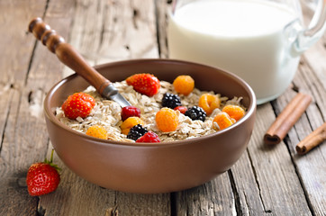 Breakfast with oatmeal and fresh berries