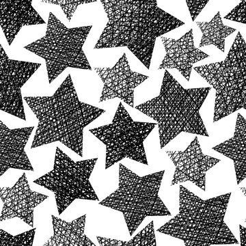 Stars seamless pattern, vector repeating black and white backgro