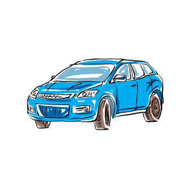 Colored hand drawn car on white background, illustration of a ha