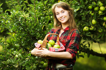 Young woman with basket full of ripe apples in a garden.
