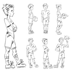 Set of vector full-length hand-drawn Caucasian teens, black and