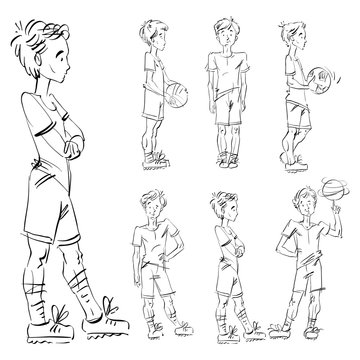 Set of vector full-length hand-drawn Caucasian teens, black and