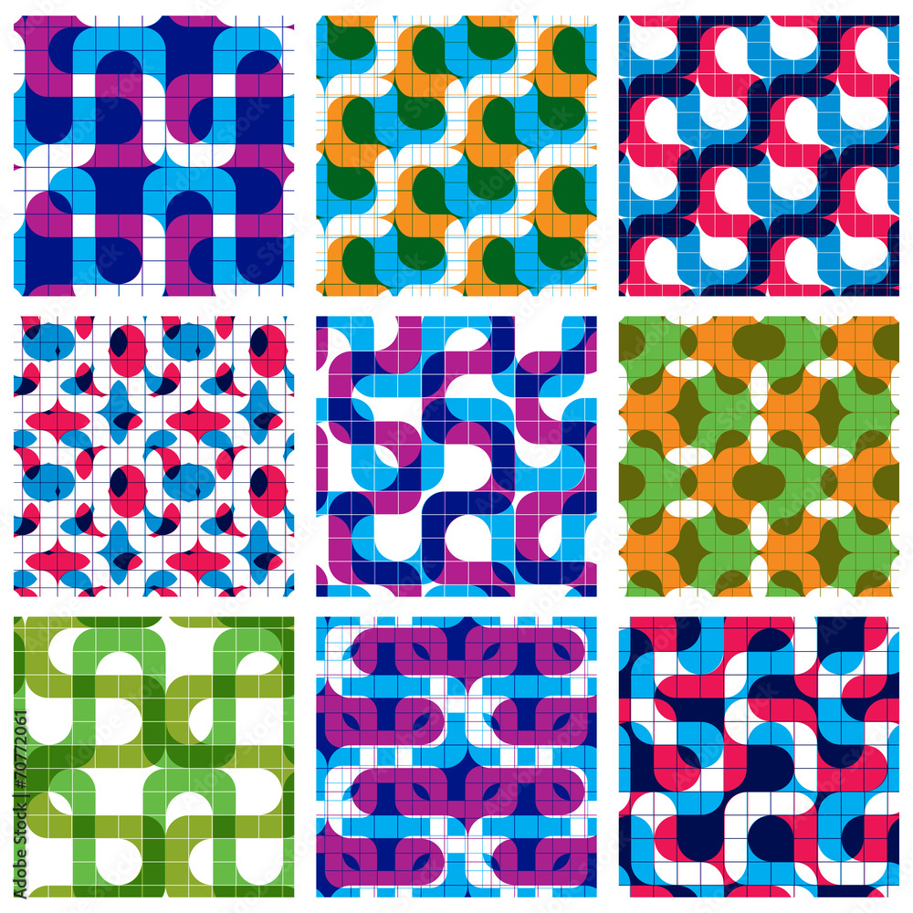 Poster set of multicolored grate seamless patterns with labyrinth and g