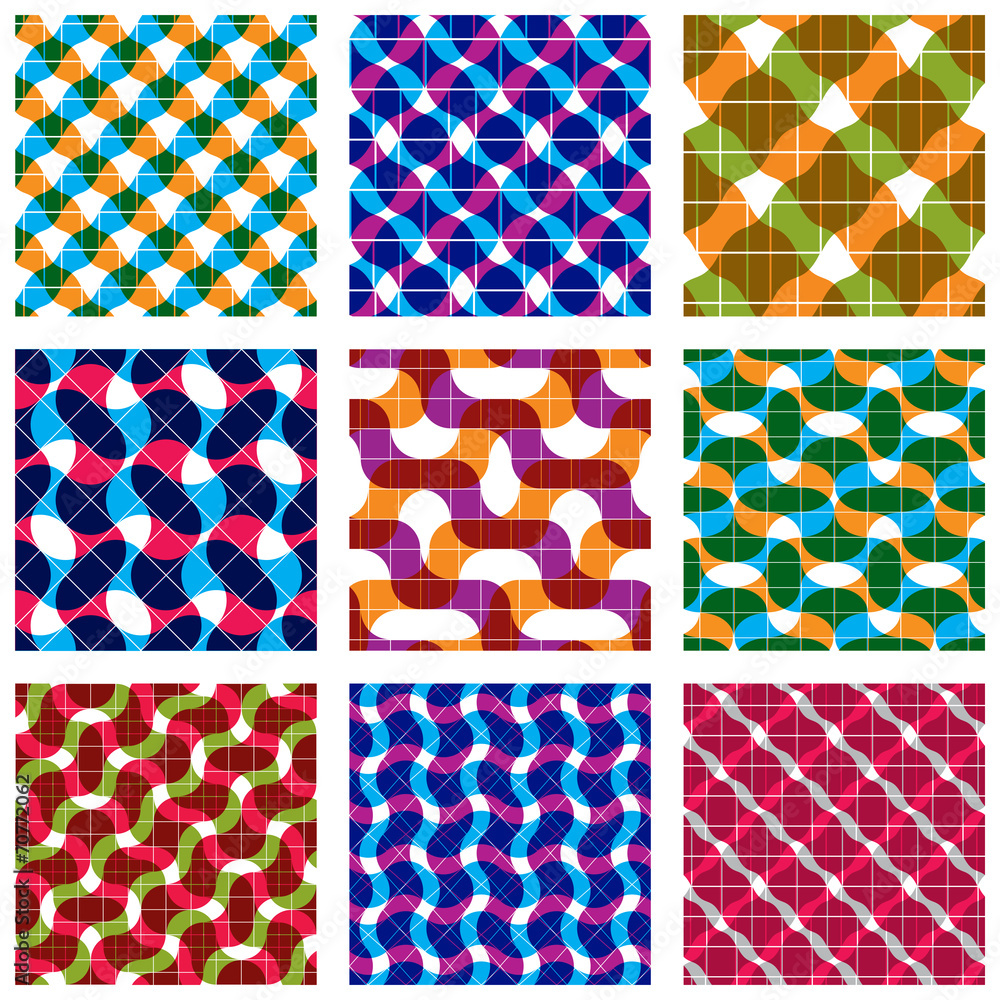Poster set of multicolored grate seamless patterns with parallel ribbon