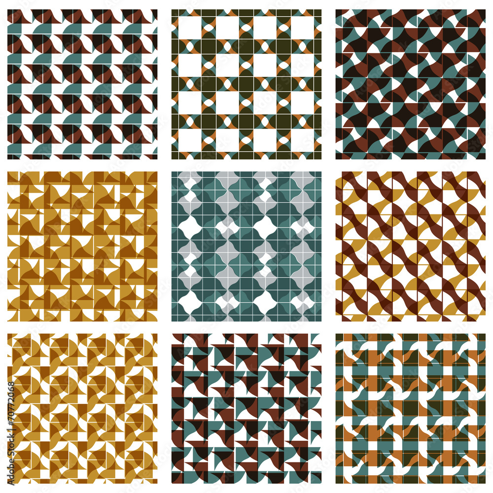 Poster set of multicolored grate seamless patterns with parallel ribbon
