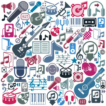Set of musical elements, vector colorful isolated musical icons.