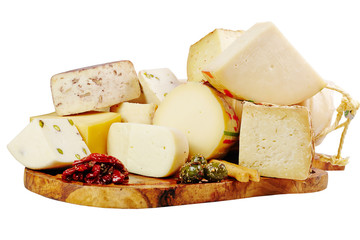 Board with cheese on wooden slate and white background