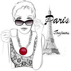 Foto op Plexiglas Woman in Paris having cafe close to the Eiffel tower © Isaxar