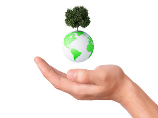 holding a earth globe and tree in his hand