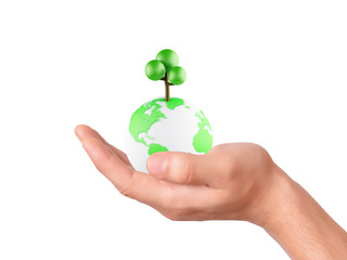 holding a earth globe and tree in his hand