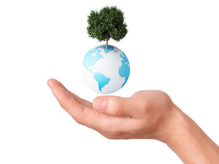 holding a earth globe and tree in his hand