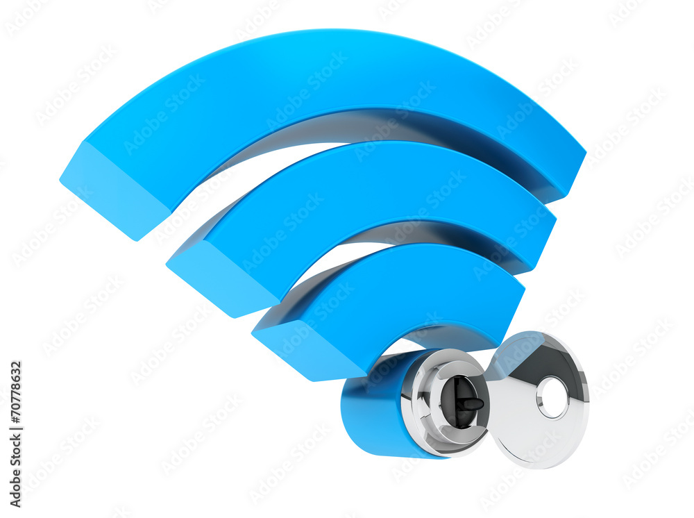 Poster wifi internet security concept. 3d symbol wifi and key