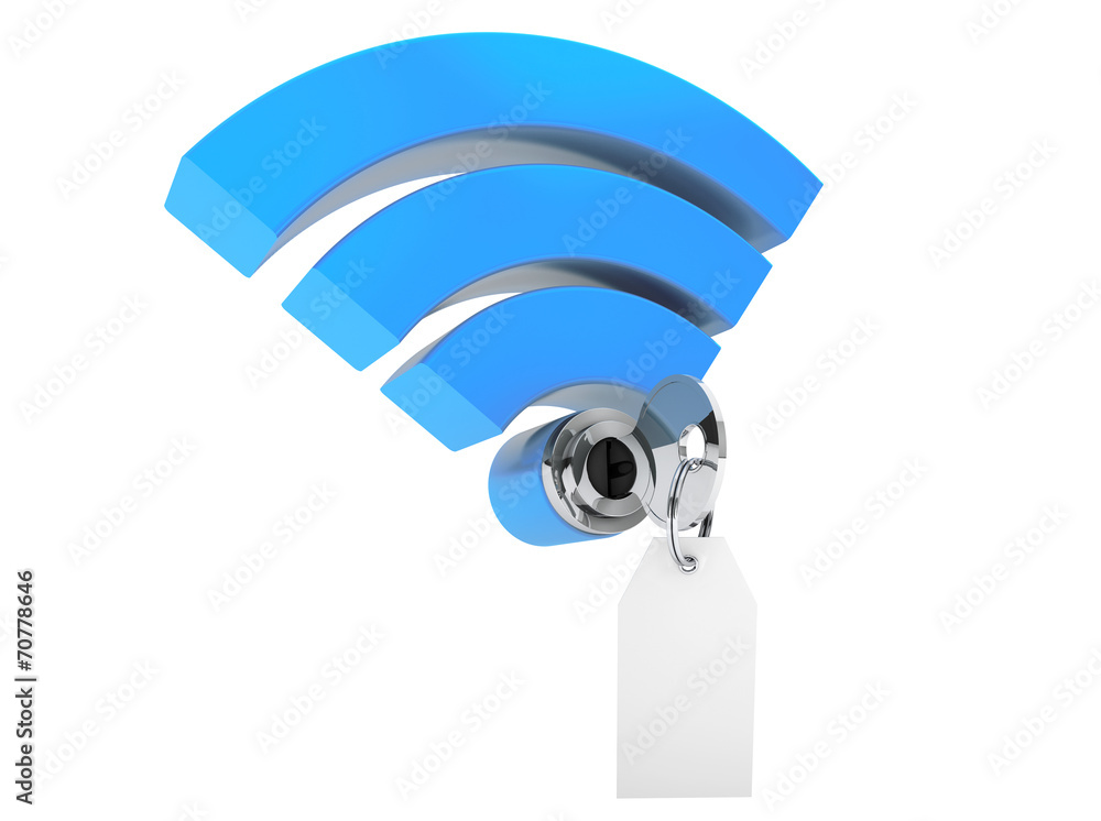 Poster WiFi internet security concept. 3d symbol wifi and key with blan